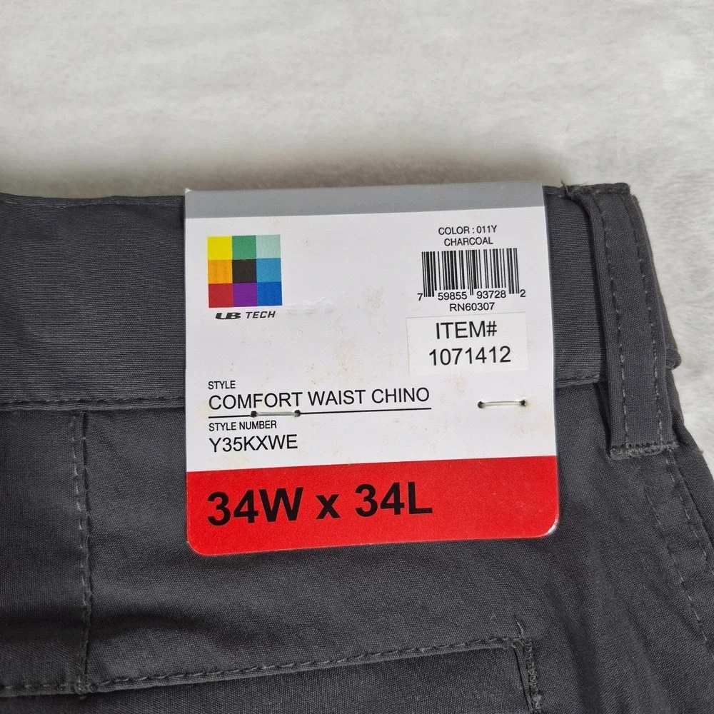 UB Tech Performance Pants Men's 34x34 Gray Comfort Waist Chino Cargo Casual NWT